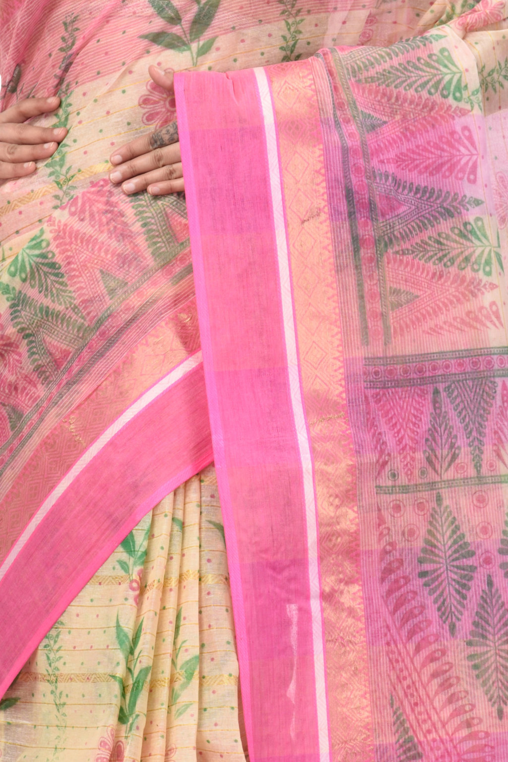 Pink Pure Cotton Lata Pata Tant Saree Print (435)